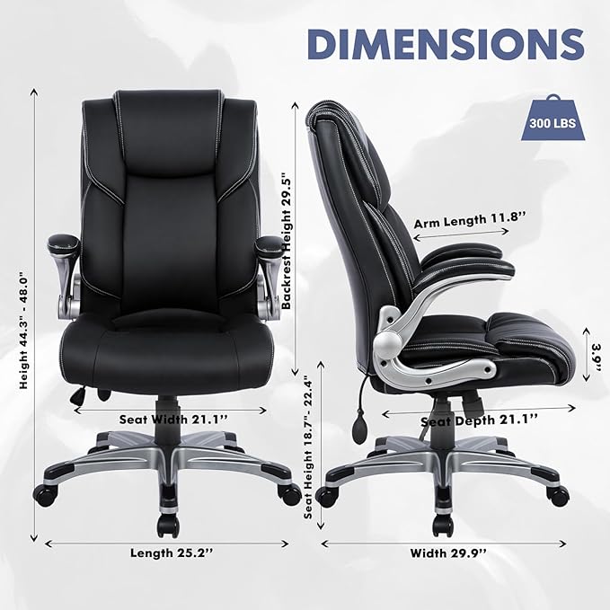 COLAMY High Back Executive Office Chair - Padded Leather Ergonomic Computer Desk Chair with Inflatable Lumbar Support & Flip-Up Arms, Adjustable Tilt Lock Swivel Task Chair for Home Office, Black