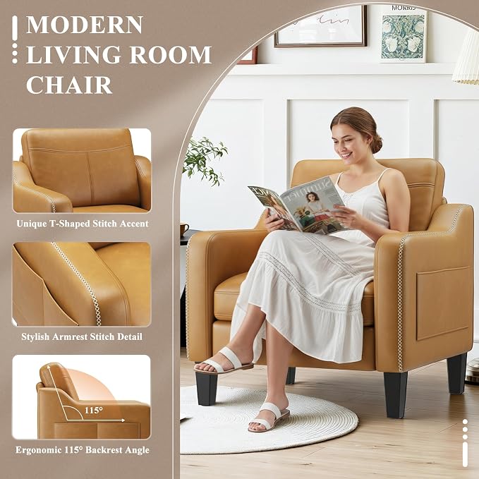 MALOL PU Leather Accent Chair Set of 2, Mid-Century Modern Living Room Armchair Sofa with Removable Cushions, Solid Wood Frame & Stitched Armrest Design, Bedroom Chair with Plastic Legs, Brown