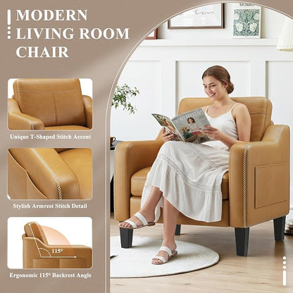 MALOL PU Leather Accent Chair, Mid-Century Modern Living Room Armchair Sofa with Removable Cushions, Solid Wood Frame & Stitched Armrest Design, Bedroom Chair with Plastic Legs, Brown