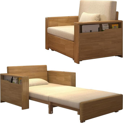 48" Natural Wood Tone Solid Wood Frame, 3-in-1 Sleeper Sofa with Storage | Solid wood sofa for living rooms, apartments & offices — single-size, it works as a guest bed to maximize small space.
