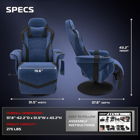 Respawn 900 Console Gaming Recliner with Footrest and Lumbar Support - Comfortable Ergonomic Gaming Chair with Headrest, No Wheels, Reclining, Heavy Duty, Racing Style Video Game Chairs - Blue Fabric