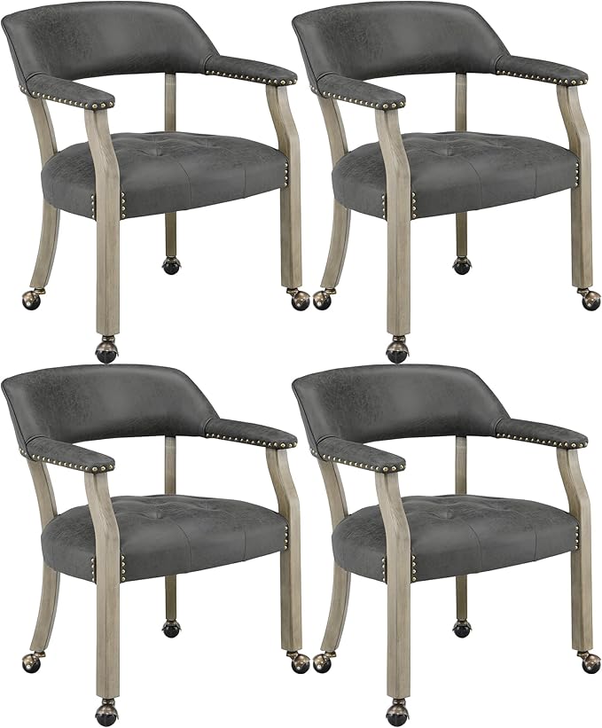 LEEMTORIG Set of 4 Dining Chairs with Casters and Arms, Rolling Dining Chairs with Wheels for Elderly, Ergonomic Wide Seat Wooden Office Desk Chair, 26"Dx25.2"W, Grey Legs&Dark Grey Fabric SY-1318-GY