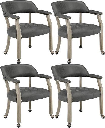 LEEMTORIG Set of 4 Dining Chairs with Casters and Arms, Rolling Dining Chairs with Wheels for Elderly, Ergonomic Wide Seat Wooden Office Desk Chair, 26"Dx25.2"W, Grey Legs&Dark Grey Fabric SY-1318-GY