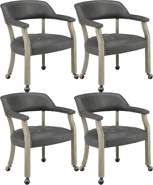 LEEMTORIG Set of 4 Dining Chairs with Casters and Arms, Rolling Dining Chairs with Wheels for Elderly, Ergonomic Wide Seat Wooden Office Desk Chair, 26"Dx25.2"W, Grey Legs&Dark Grey Fabric SY-1318-GY