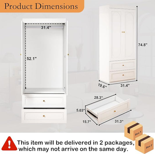 Wooden Wardrobe Closet with Doors: 75" Tall White Armoire Wardrobe Closet with 2 Drawers and 2 Doors, Modern Clothes Cabinets for Bedroom Armoires with Hanging Rod (2-Drawers, 31.5")
