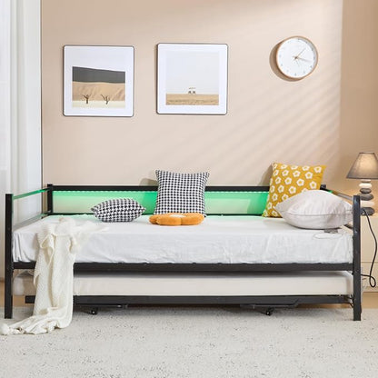VINGLI Daybed with Trundle Bed Twin, Charging Station and LED Lights,Heavy Duty Metal Twin Daybed with Pop up Trundle for Living Room,Bedroom,Guest Room, No Box Spring Needed,Black
