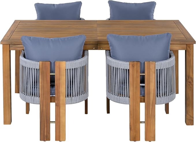 Quarte Luxury 4-Person Outdoor Dining Set: Solid Acacia Wood Table with Rope-Woven Chairs & Comfy Cushions for Patio, Garden, Poolside or Deck (Brown,Gray-R)