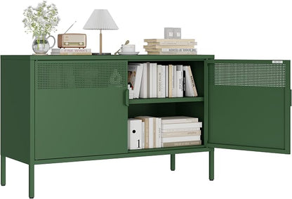 Green 25" H Metal Storage Cabinet with Adjustable Shelf, 2 Door Accent Cabinet, 2-Tier Low Cabinet with Vent Hole, TV Stand for Entryway, Home Office, Music Studio