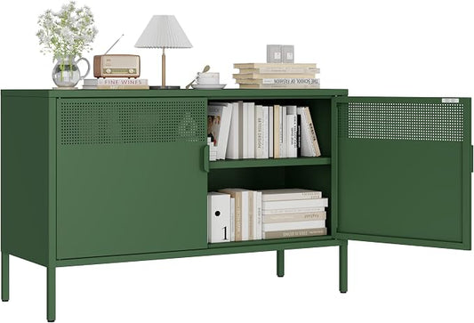 Green 25" H Metal Storage Cabinet with Adjustable Shelf, 2 Door Accent Cabinet, 2-Tier Low Cabinet with Vent Hole, TV Stand for Entryway, Home Office, Music Studio