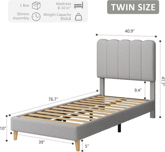 GarveeHome Twin Bed Frame, Upholstered Platform Bed with Wave Headboard for Girls/Kids, Easy Assembly, Wooden Slats Support, No Box Spring Needed, Boucle Grey
