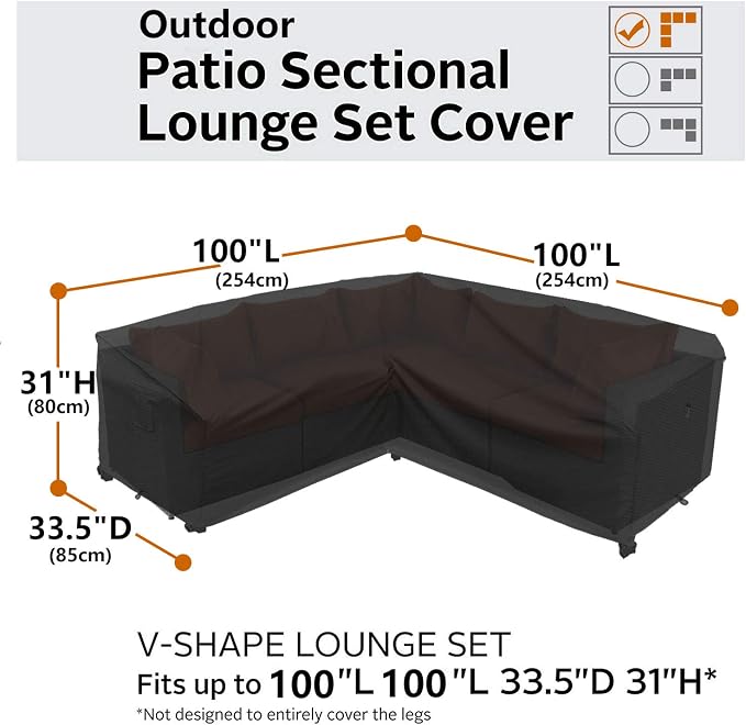 Heavy Duty Outdoor Sectional Sofa Cover, 100"x100" Waterproof 600D Patio Sectional Couch Covers, Lawn Patio Furniture Protector(Midnight Black, V-Shaped-100 x100)