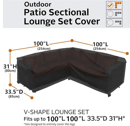 Heavy Duty Outdoor Sectional Sofa Cover, 100"x100" Waterproof 600D Patio Sectional Couch Covers, Lawn Patio Furniture Protector(Midnight Black, V-Shaped-100 x100)