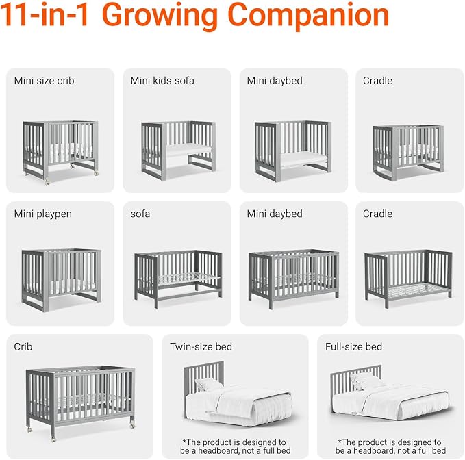 MAMAZING EvoNest Baby Crib, 11 in 1 Convertible Crib with Wheels, 100% New Zealand Wood Growing Bed, Full Size Crib for Baby, 4 Adjustable Mattress Height, Grey