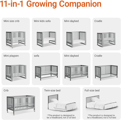 MAMAZING EvoNest Baby Crib, 11 in 1 Convertible Crib with Wheels, 100% New Zealand Wood Growing Bed, Full Size Crib for Baby, 4 Adjustable Mattress Height, Grey