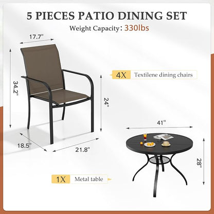 SUNCROWN 5 - Piece Outdoor Dining Set, Patio Furniture Set with 4 x Textilene Dinning Chairs and 41" Metal Round Table with Umbrella Hole for Lawn Garden Backyard Deck, Brown