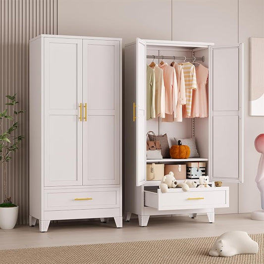 Metal Armoire Wardrobe Closet Storage Cabinet with 2 Doors White, 71'' Wardrobe Cabinet with Hanging Rod Metal Closet with Adjustable Shelf and Drawer for Bedroom, Laundry Room, Cloak Room