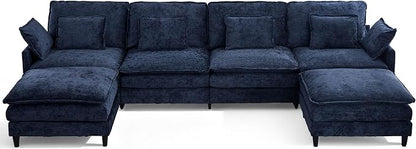113" Chenille Modular Sectional Sofa, Convertible L Shaped Modular Sofa Comfy Cloud Couch with Ottoman, Side Pockets and 5 Throw Pillows for Living Room (Blue, 150.6" - 6 Seats)