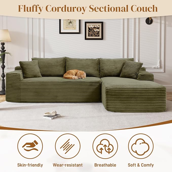 95" L Shaped Boneless Sectional Couches, Wide Armrest, Deep Seat, Memory Foam, Assembly Free, Modern Comfy Corduroy Fluffy Cloud Sofa with Right Chaise for Living Room, Small Spaces, Green