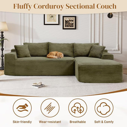 95" L Shaped Boneless Sectional Couches, Wide Armrest, Deep Seat, Memory Foam, Assembly Free, Modern Comfy Corduroy Fluffy Cloud Sofa with Right Chaise for Living Room, Small Spaces, Green