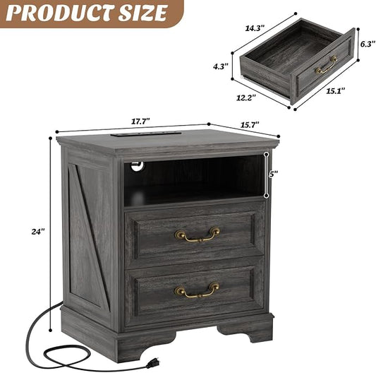 Unikito 24" Tall Farmhouse Nightstand with Charging Station, Rustic End Table with Drawer & Open Storage, Beside Table for Bedroom, Gray Oak