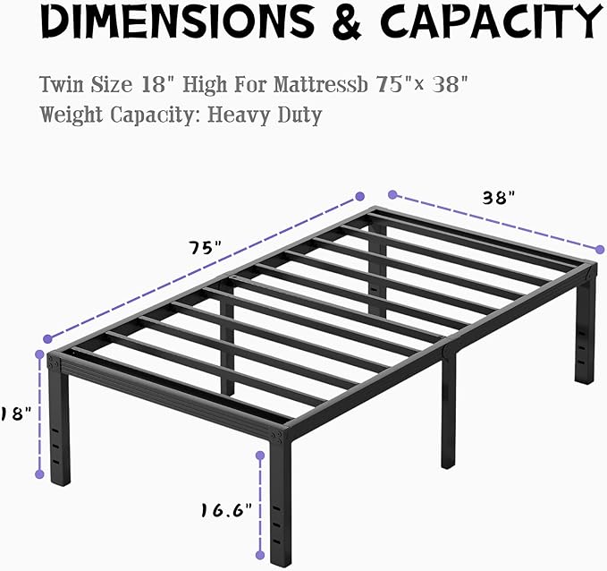 Furnitui 18 Inch High Metal Twin Bed Frame Platform, Sturdy Bed Frame Twin Size No Box Spring Needed, Easy Assembly, Noise Free