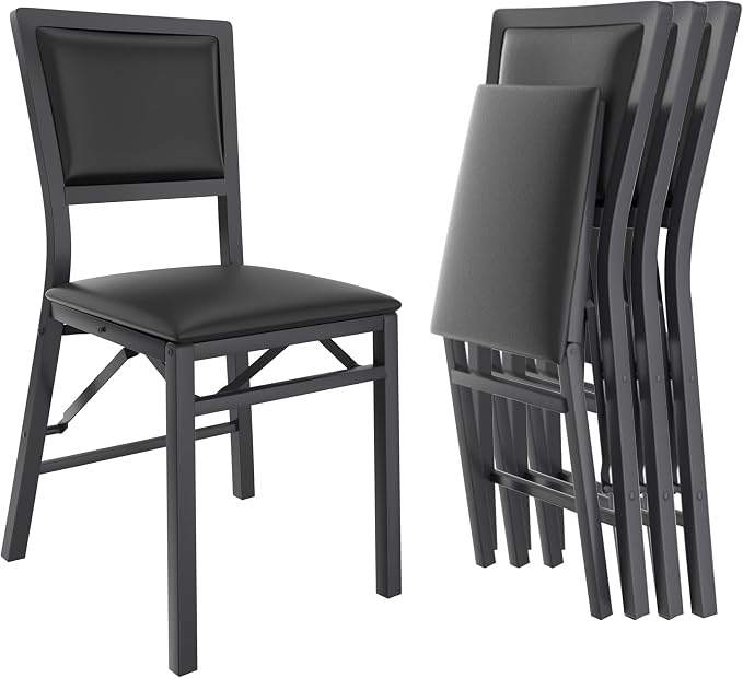 VECELO Folding Dining Chairs Set of 4, Metal Padded Foldable Seating with Comfortable Faux Leather, Space-Saving Portable Guest Seats for Kitchen & Office, No Assembly, Black