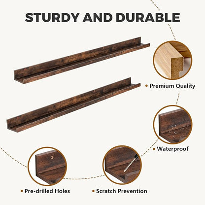 Muzilife 55" Large Floating Wall Ledge Shelves with Lip - Set of 2 Rustic Wood Floating Shelves - Walnut Brown Wall Mounted Picture Ledge for Office, Bathroom, Bedroom, Living Room, Kitchen