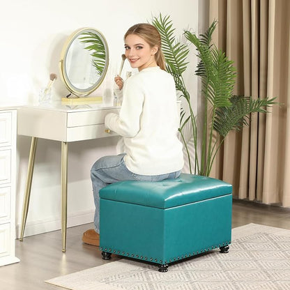 Joveco Leather Storage Ottoman, 24" Rectangle Tufted Upholstered Bench, Foot Rest Stool with Wood Legs, Footstool for Living Room, Bedroom