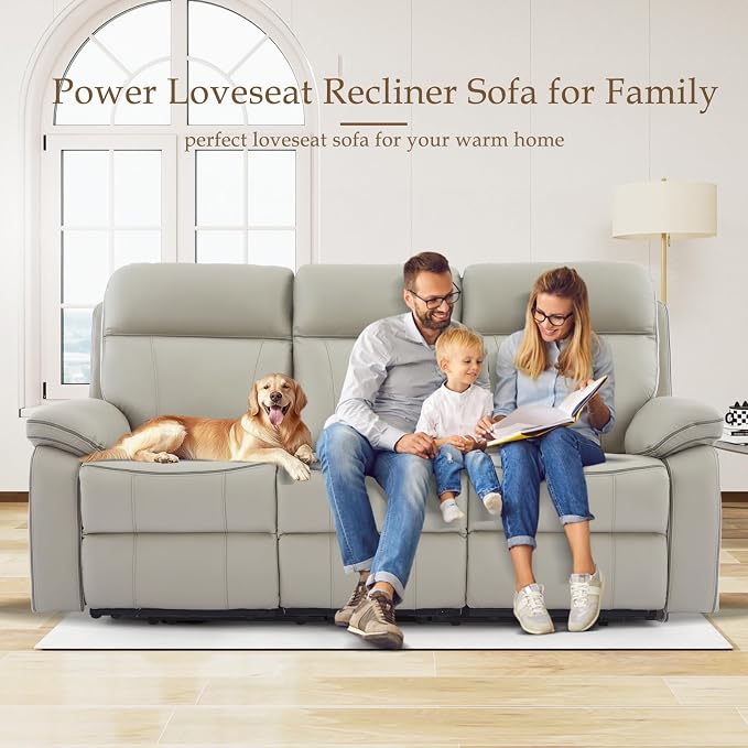 Power Reclining Sofa with Fold Down Table, Breathable Leather Electric Reclining Couch, Power Loveseat Recliner Sofa with Cup Holders/Outlets/USB-C/A Ports for Living Room(Grey, 3 Seat)
