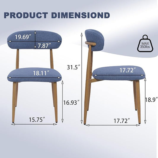 FREKEN Modern Upholstered Dining Chairs Set of 4, Mid-Century Metal Frame with Wood Grain, Linen Fabric Side Chair for Kitchen Dining Room, 350lbs Capacity, Blue