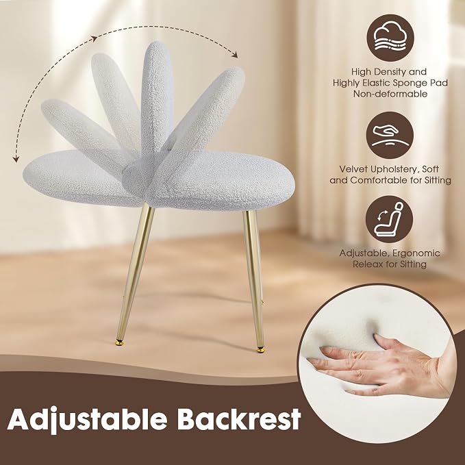 Vanity Chair with Backrest, Boucle Upholstery Armless Makeup Stool, Gray Vanity Stool with Gold Metal Legs for Bedroom Living Room Kitchen Dinning Room (Gold and Light Gray)