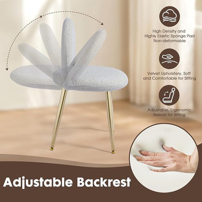 Vanity Chair with Backrest, Boucle Upholstery Armless Makeup Stool, Gray Vanity Stool with Gold Metal Legs for Bedroom Living Room Kitchen Dinning Room (Gold and Light Gray)
