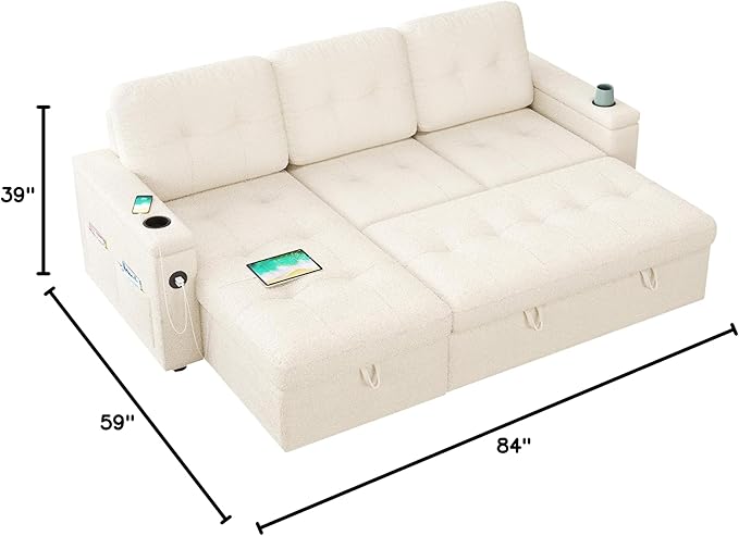 PaPaJet 84 Inch Pull Out Couch, Sleeper Sofa with Storage Chaise, Tufted L Shape Convertible Couch with 2 USB & Cup Holders, Boucle White