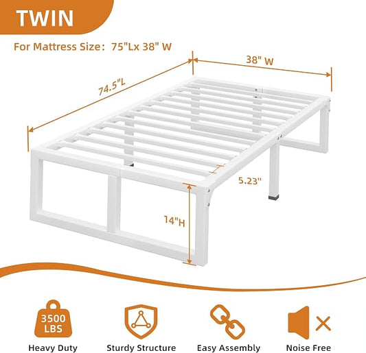 Twin Bed Frames, 14 Inch Metal Platform Bed Frame with Squeak Free U-Slot Design, 6 Non-Slip Guards, 3500lbs Heavy Duty Steel Slat Support, No Box Spring Needed, Under Bed Storage, White