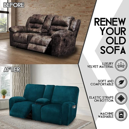 Ultimate Decor Reclining Love Seat with Middle Console Slipcover, 8-Piece Velvet Stretch Loveseat Reclining Sofa Covers, 2 seat Love seat Recliner Cover, Thick, Soft, Washable, (Deep Teal)