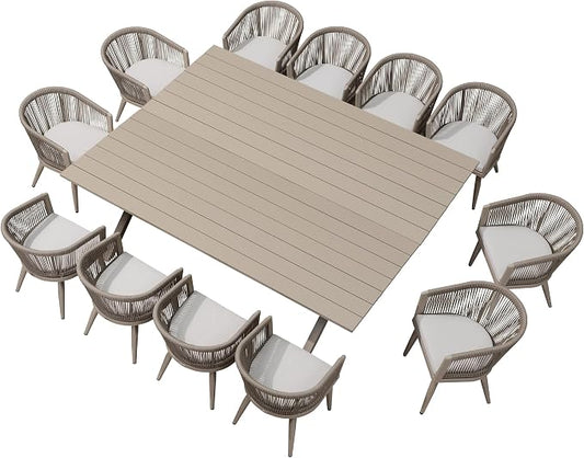 PURPLE LEAF Patio Dining Set for 12 All-Weather Wicker 14 Piece Aluminium Oversized Outdoor Table and Chairs Set Included Cushions for Backyard Kitchen Modern Outdoor Furniture Set Champagne