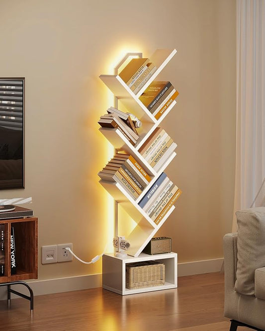 Casaottima Tree Bookshelf with LED Lights, 6-Tier Narrow Bookcase for Small Spaces, Tall Steel & Wood Storage Shelf with Cabinet, Home Decor & Organizer for Living Room/Bedroom/Home Office, White