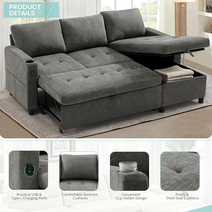 84" L-Shape Reversible Sectional Sofa Bed w/USB Port, Light Grey | Upholstery Sleeper Couch w/Adjustable Backrests & Storage Chaise, Chenille Modern Sofa w/Pull-Out Bed for Living Room