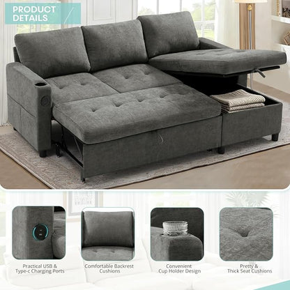 84" L-Shape Reversible Sectional Sofa Bed w/USB Port, Light Grey | Upholstery Sleeper Couch w/Adjustable Backrests & Storage Chaise, Chenille Modern Sofa w/Pull-Out Bed for Living Room