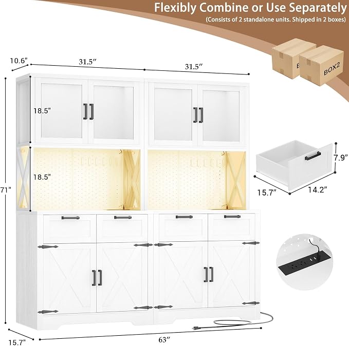 Unikito 71" Tall Kitchen Pantry Storage Cabinet with LED Light & Outlet, 63" Wide Kitchen Hutch Cabinet with Large Countertop, DIY Pegboard and Drawers, Farmhouse Food Pantry for Living Room, White