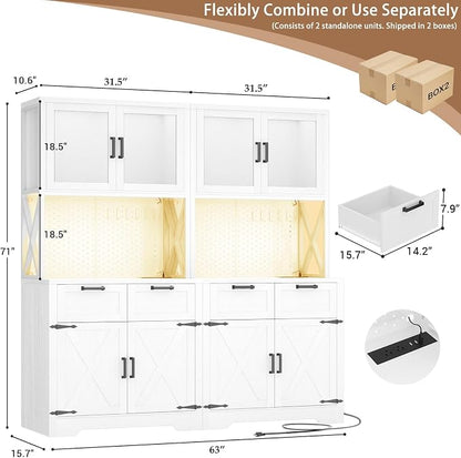 Unikito 71" Tall Kitchen Pantry Storage Cabinet with LED Light & Outlet, 63" Wide Kitchen Hutch Cabinet with Large Countertop, DIY Pegboard and Drawers, Farmhouse Food Pantry for Living Room, White