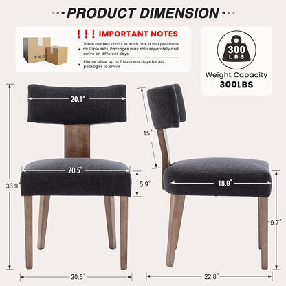 HNY Mid Century Modern Dining Chairs, Linen Fabric Upholstered and Curved Backrest Kitchen Chairs Set of 2, with Hardwood Frame, Charcoal