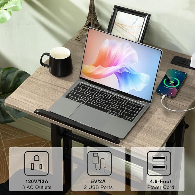 Hadulcet Mobile Standing Desk Adjustable Height with Charging Station | Standing Computer Desk, Standing Adjustable Laptop Cart with Wheels for Home Office Classroom Light Grey