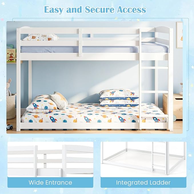 Giantex Full Over Full Bunk Bed, Solid Wood Kids Bunk Bed with Full-Length Guardrails, Integrated Ladder & Anti-Tippling Kits, Low Bunk Beds for Kids, No Box Spring Needed, White