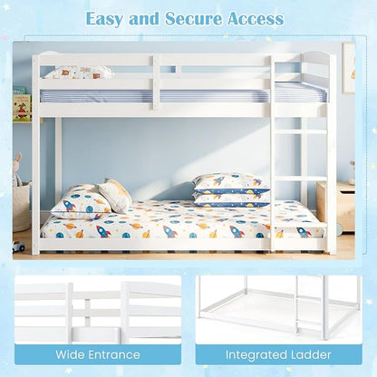 Giantex Full Over Full Bunk Bed, Solid Wood Kids Bunk Bed with Full-Length Guardrails, Integrated Ladder & Anti-Tippling Kits, Low Bunk Beds for Kids, No Box Spring Needed, White
