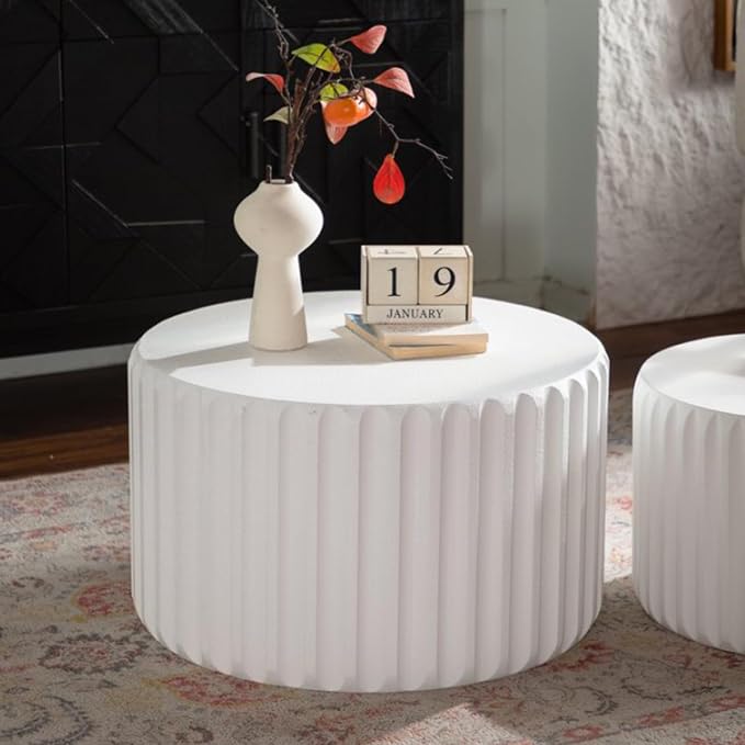 White Round Nesting Coffee Table Set of 2, Drum Side Table, Scalloped End Table witth Elegant Curved-Edge Shape, Circle Wooden Center Table for Living Room, Fully Assembled