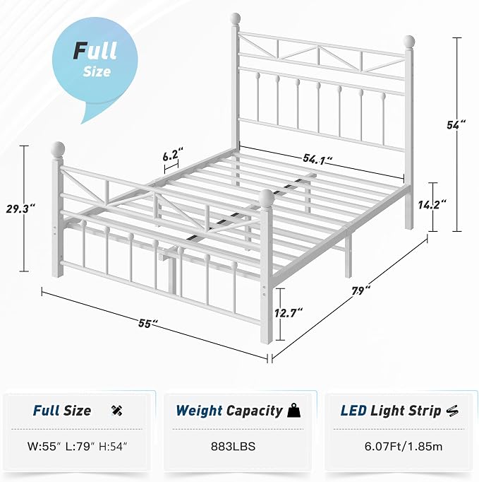 EnHomee 14.2" Metal Full Size Bed Frame with Tall Headboard & Footboard, LED Light Full Bed Frame, Strong Slats Support and Noise-Free Design with Under Bed Storage/No Box Spring Needed/White