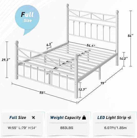 EnHomee 14.2" Metal Full Size Bed Frame with Tall Headboard & Footboard, LED Light Full Bed Frame, Strong Slats Support and Noise-Free Design with Under Bed Storage/No Box Spring Needed/White