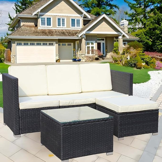 Patio Sofa Set, 5-Piece PE Rattan Wicker Outdoor Furniture with Cushioned Couch, Chairs, and Coffee Table, Beige Cushions for Garden, Deck, and Backyard