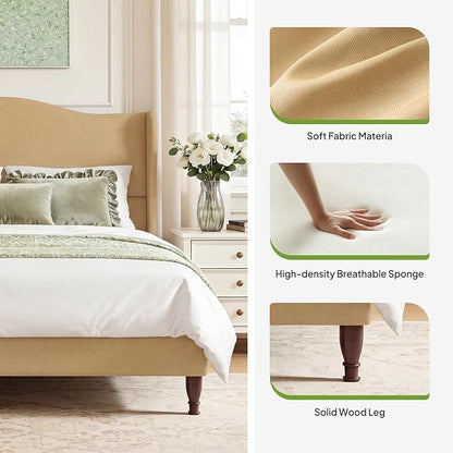 Welzona King Size Bed Frame 51" Tall Wingback Headboard, Soft Fabric Upholstered Platform Bed with Solid Wood Legs and Wooden Slats Support, No Box Spring Needed, Easy Assembly,Fawn Brown